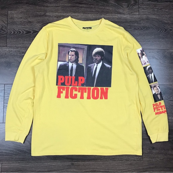 John Travolta & Samuel L. Jackson Pulp Fiction Miramax Mens Yellow Movie T-Shirt - Picture 1 of 8